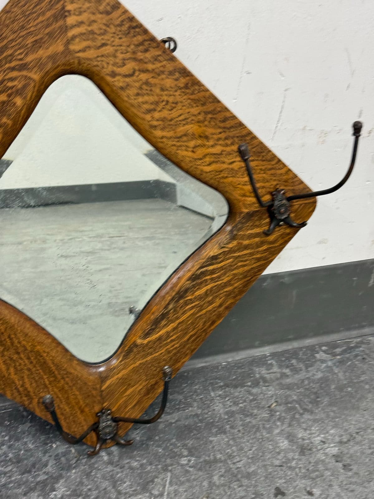 Circa 1910's Tiger Oak Wood Wall Mirror + Coat Rack - Thumbnail 7