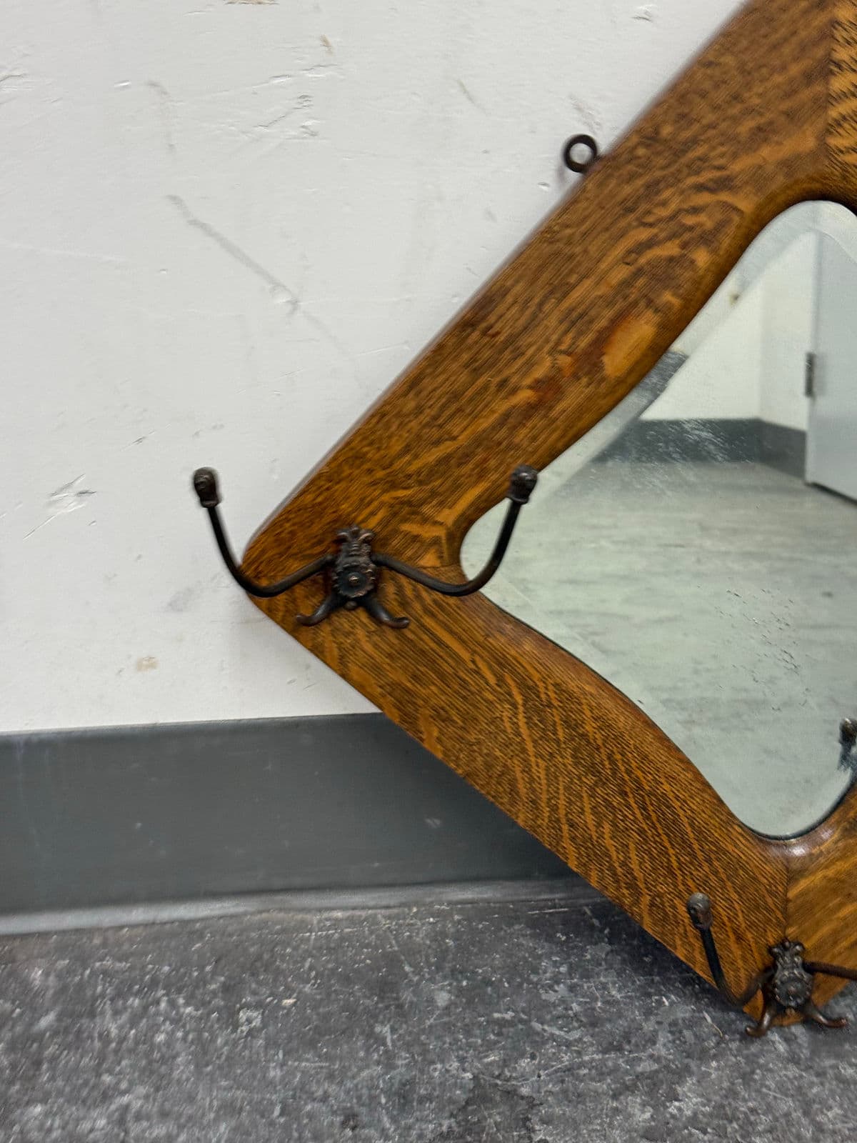 Circa 1910's Tiger Oak Wood Wall Mirror + Coat Rack - Thumbnail 8