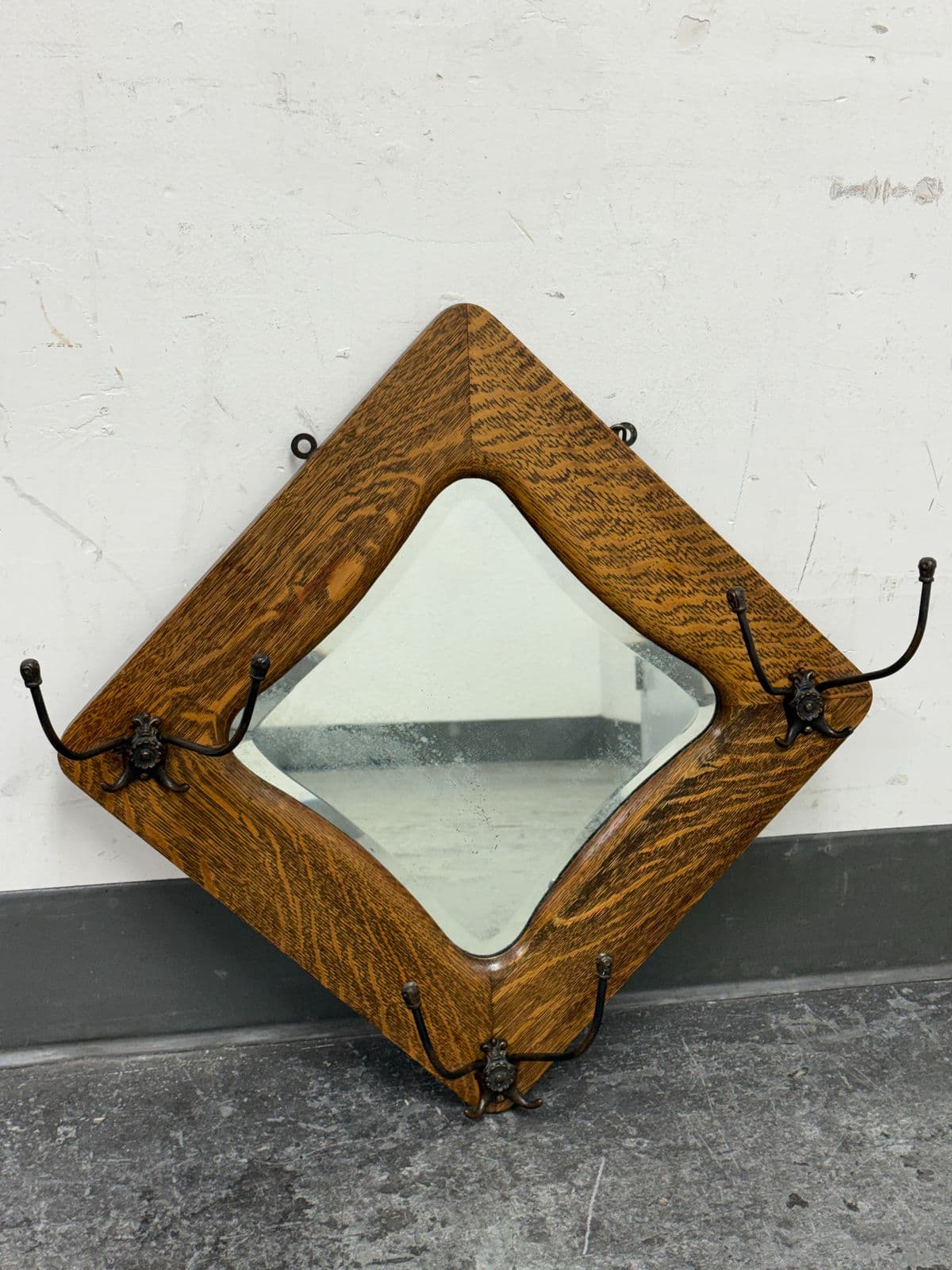 Circa 1910's Tiger Oak Wood Wall Mirror + Coat Rack - Thumbnail 6