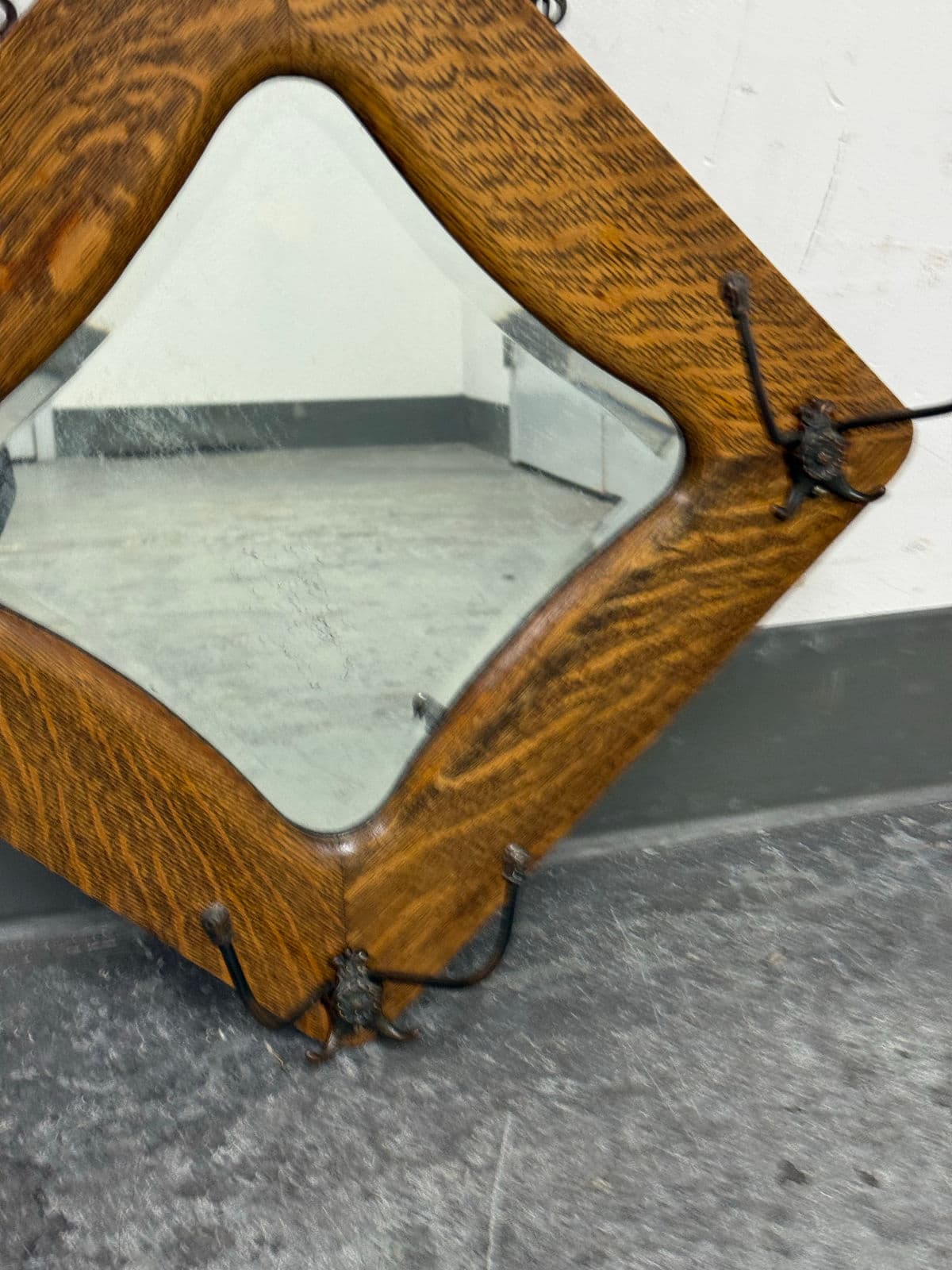 Circa 1910's Tiger Oak Wood Wall Mirror + Coat Rack - Thumbnail 13