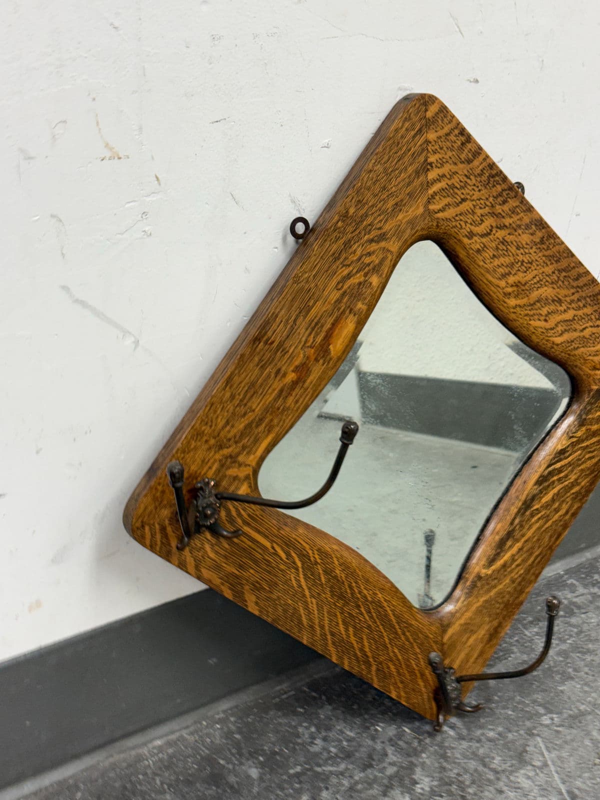 Circa 1910's Tiger Oak Wood Wall Mirror + Coat Rack - Thumbnail 4