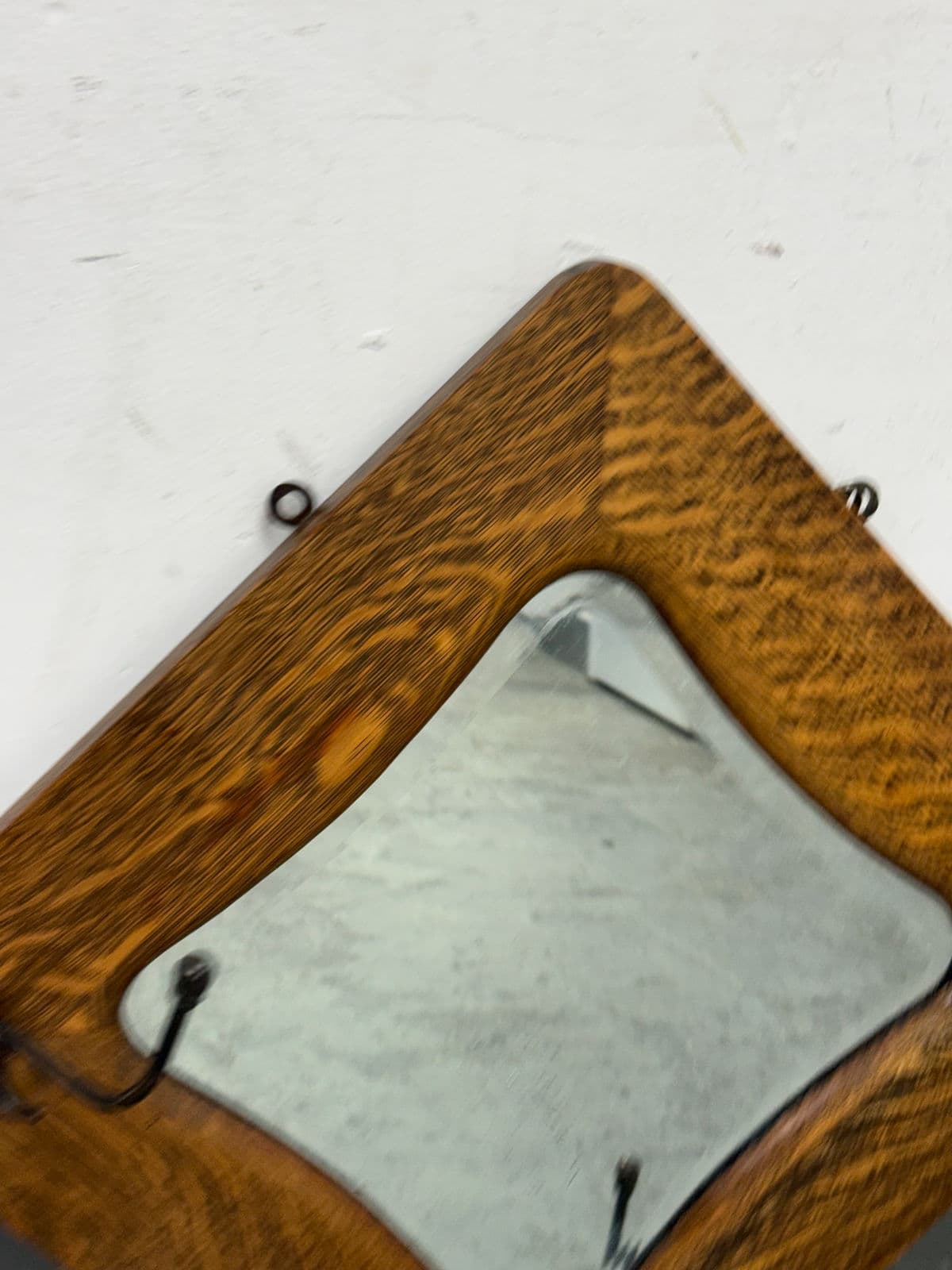 Circa 1910's Tiger Oak Wood Wall Mirror + Coat Rack - Thumbnail 5