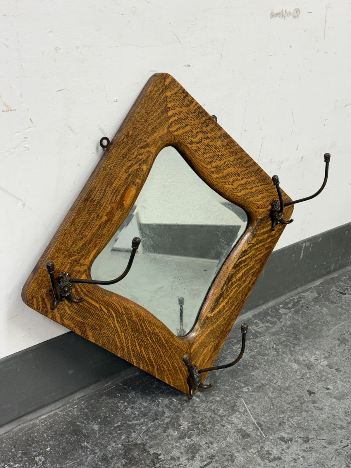 Circa 1910's Tiger Oak Wood Wall Mirror + Coat Rack - Thumbnail 3
