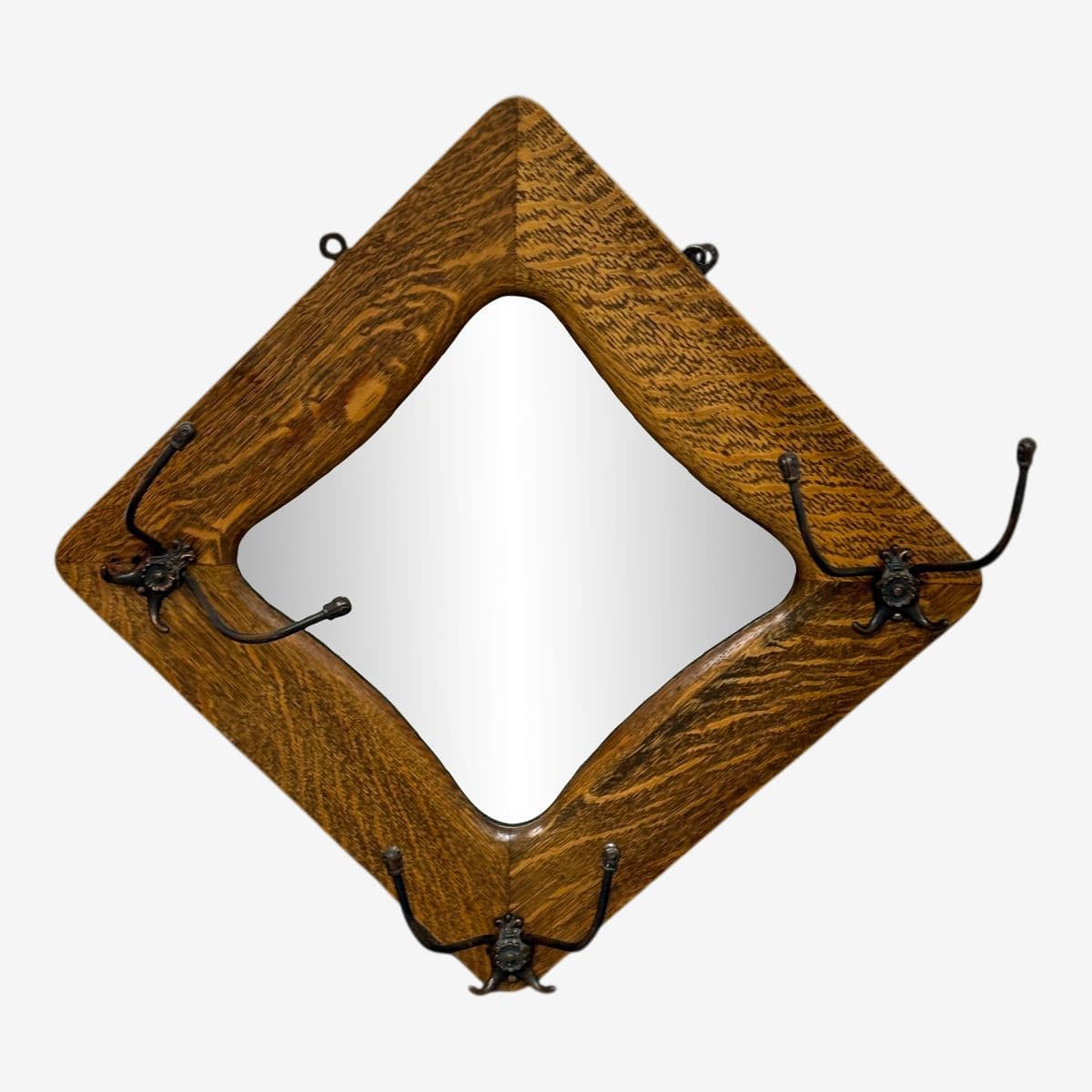 Circa 1910's Tiger Oak Wood Wall Mirror + Coat Rack - Image 1