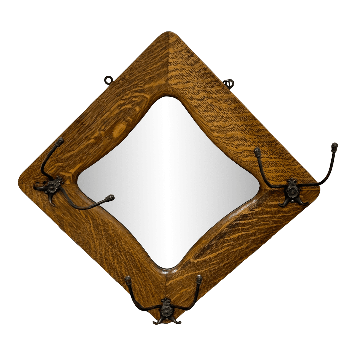 Circa 1910's Tiger Oak Wood Wall Mirror + Coat Rack - Thumbnail 2