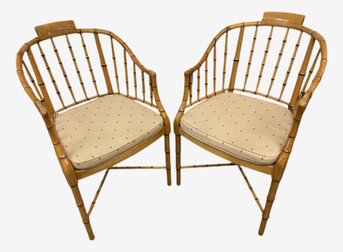 Circa 1960s Baker Furniture Faux Bamboo Windosr Chairs, Pair - Image 1