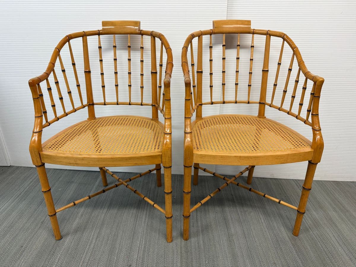 Circa 1960s Baker Furniture Faux Bamboo Windosr Chairs, Pair - Thumbnail 3