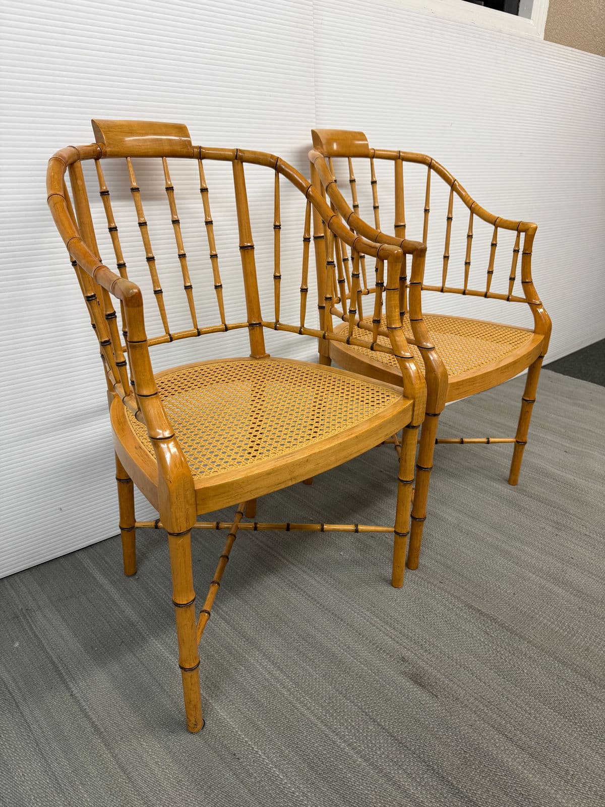 Circa 1960s Baker Furniture Faux Bamboo Windosr Chairs, Pair - Thumbnail 4