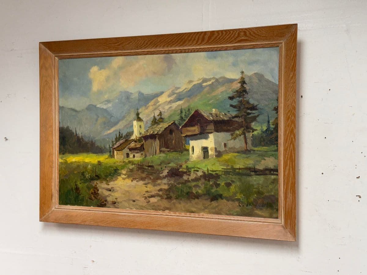 J. K. Mountain Village Oil Painting, Framed - Thumbnail 3