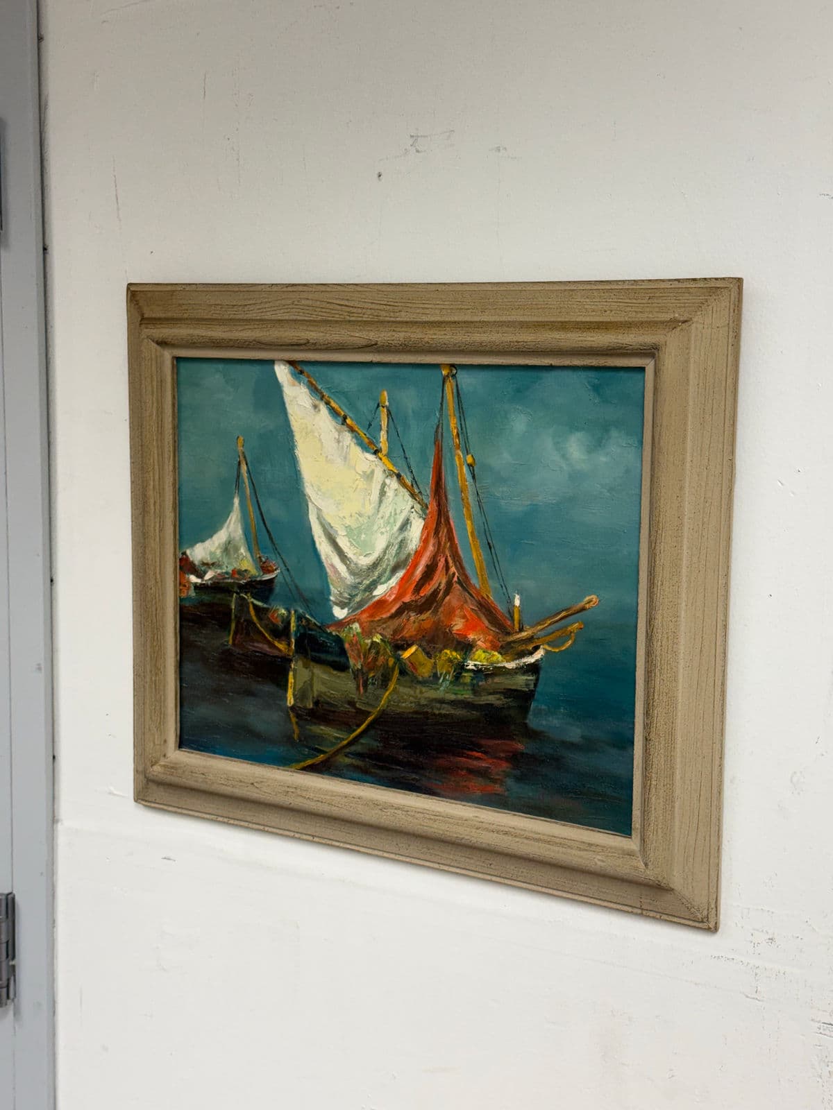 Late 20th Century J. Lamm Boats Seascape Oil Painting, Framed - Thumbnail 4