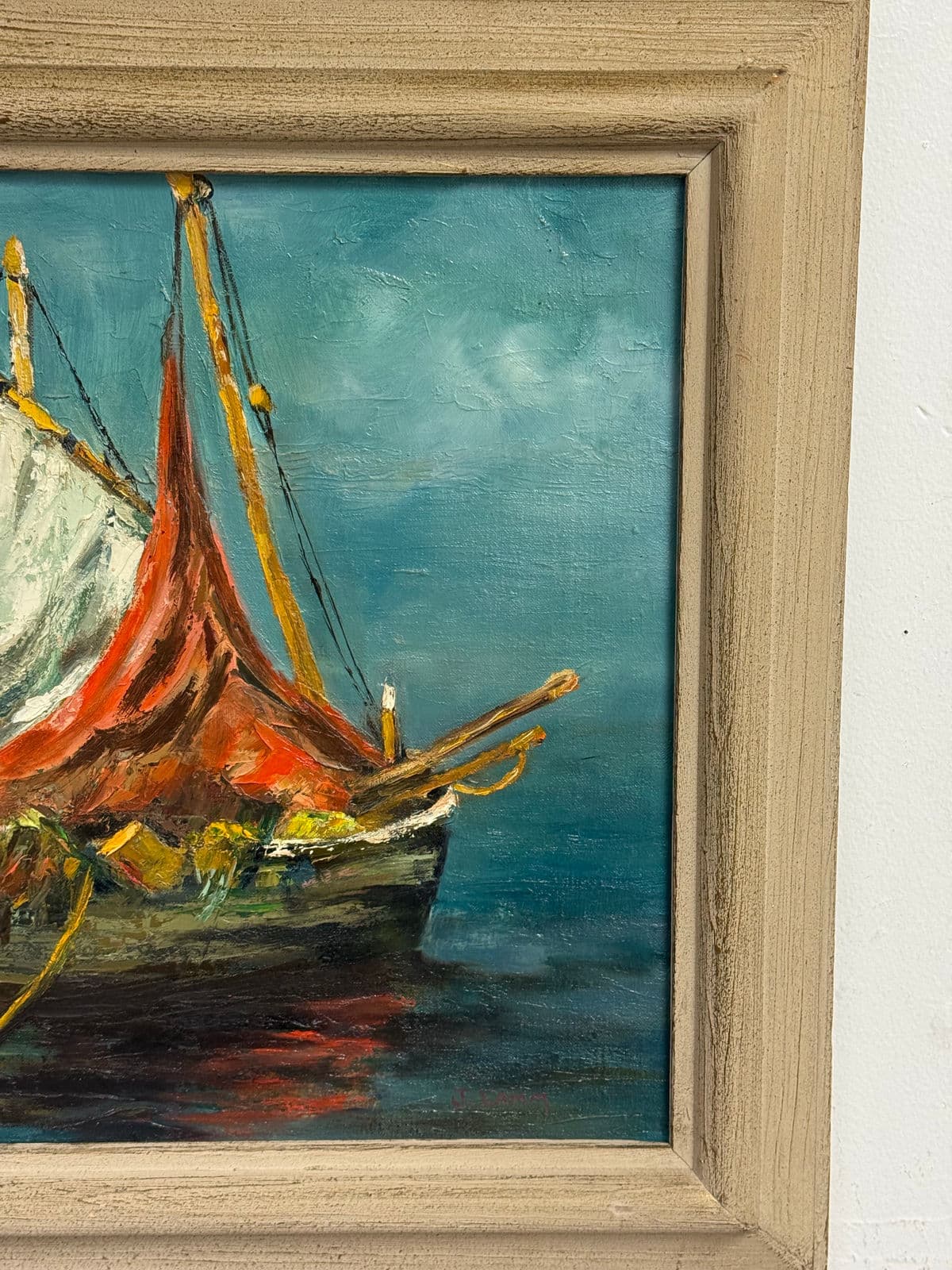 Late 20th Century J. Lamm Boats Seascape Oil Painting, Framed - Thumbnail 7