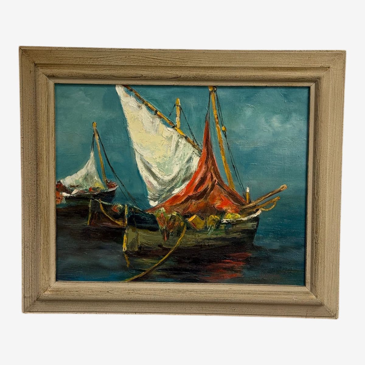 Late 20th Century J. Lamm Boats Seascape Oil Painting, Framed - Image 1