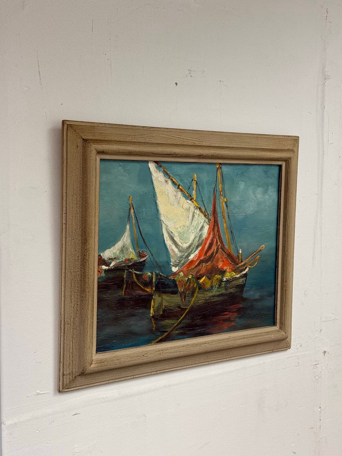 Late 20th Century J. Lamm Boats Seascape Oil Painting, Framed - Thumbnail 3