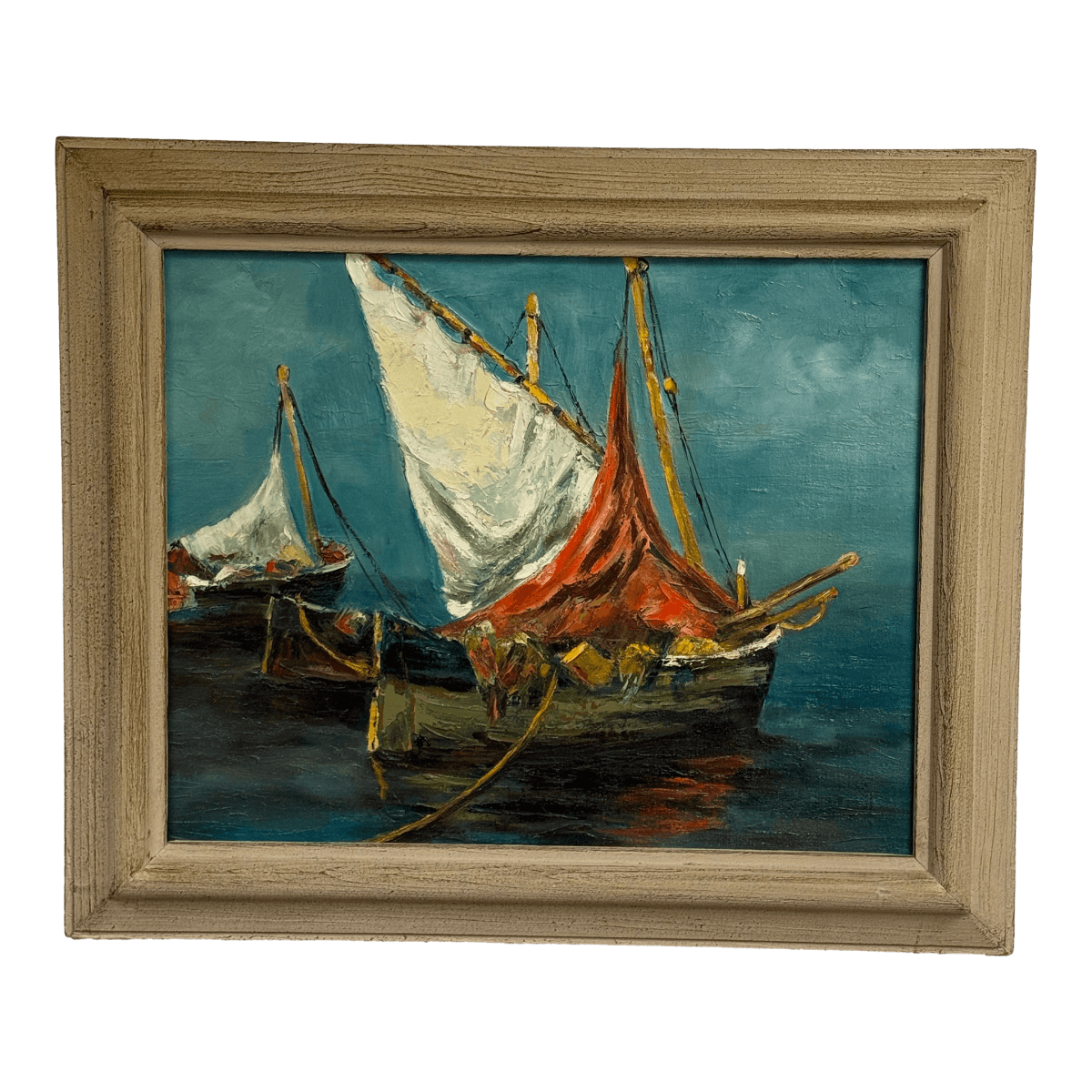 Late 20th Century J. Lamm Boats Seascape Oil Painting, Framed - Thumbnail 2