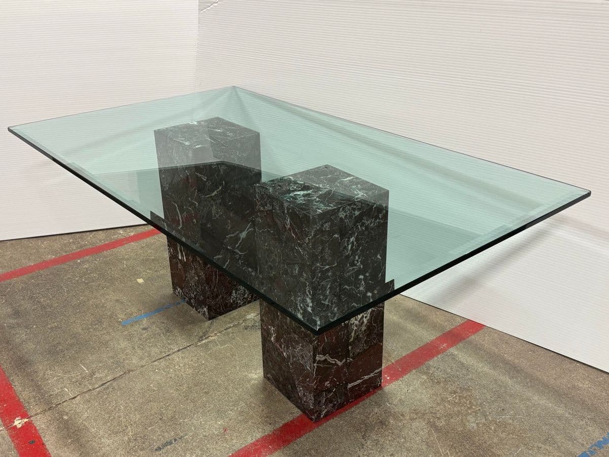 Vintage Faux Marble With Tempered Glass Dining Table - Thumbnail 6