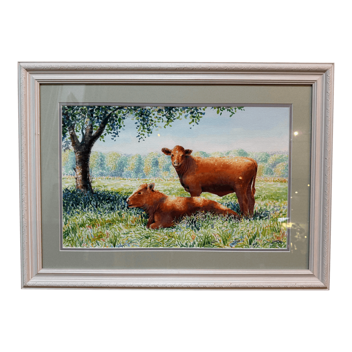 Circa 1996 l.m. Steadman Two Cows Resting in Pasture Watercolor, Signed - Thumbnail 2