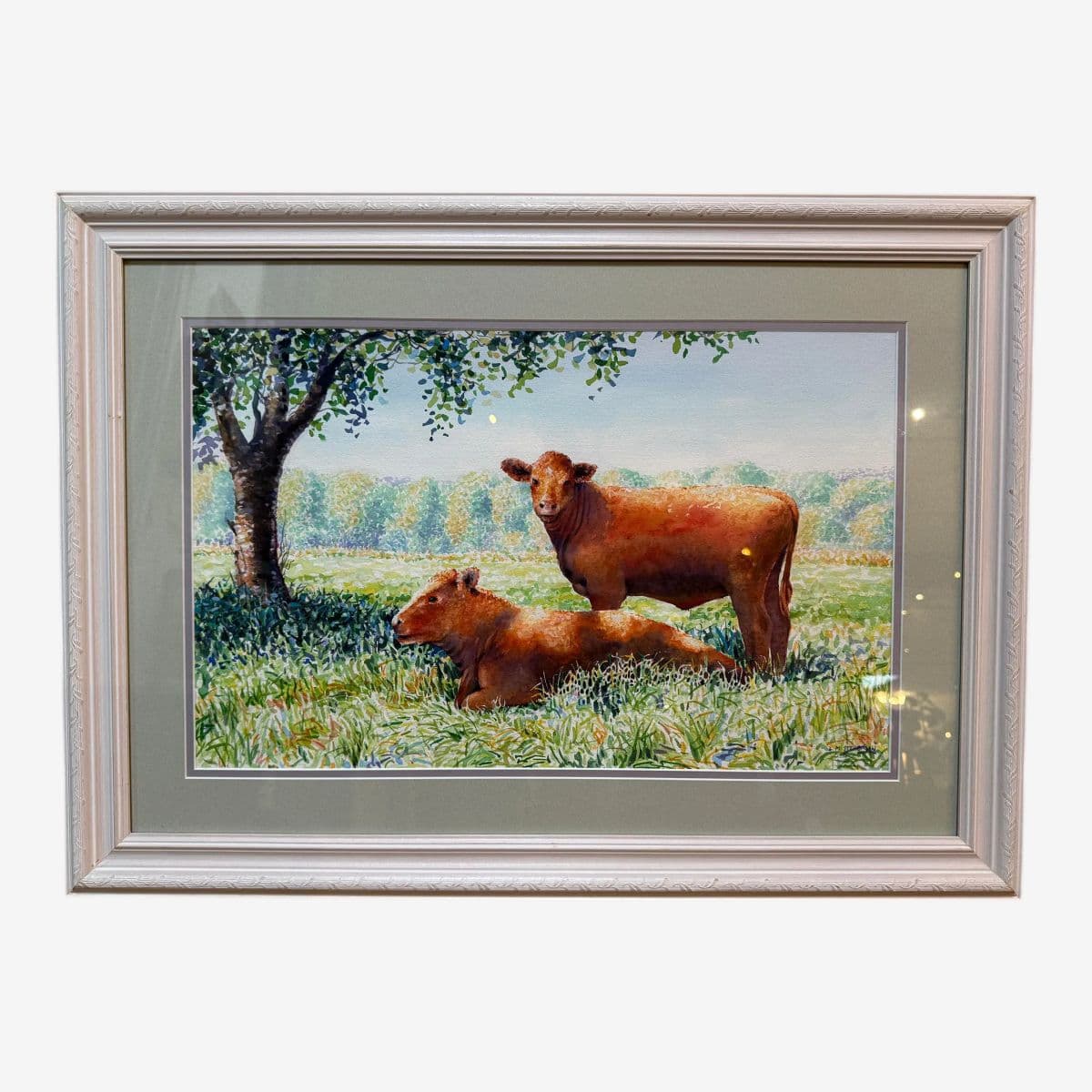 Circa 1996 l.m. Steadman Two Cows Resting in Pasture Watercolor, Signed - Image 1