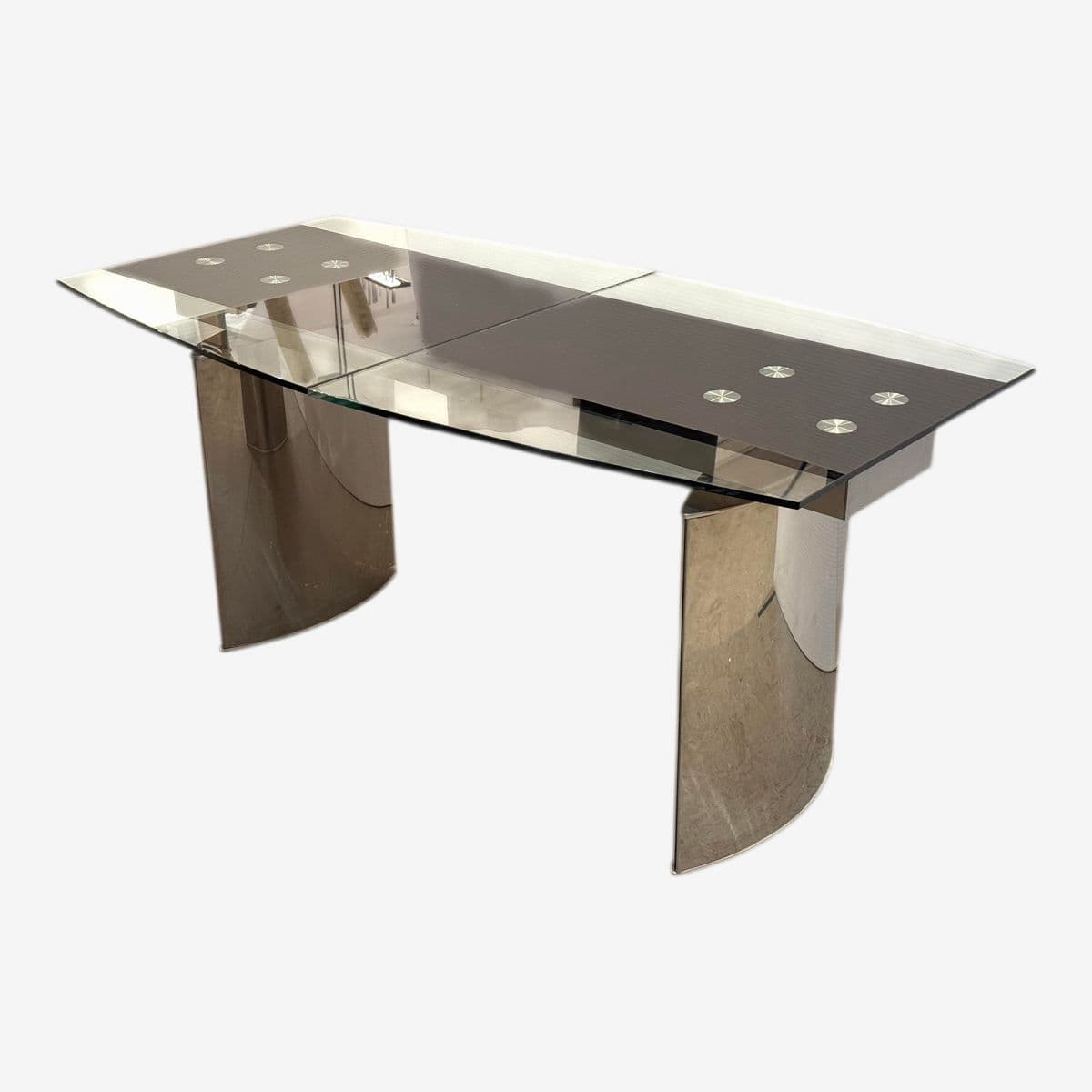 Modern Double Pedestal Extendable Glass Top Table - Image 1
