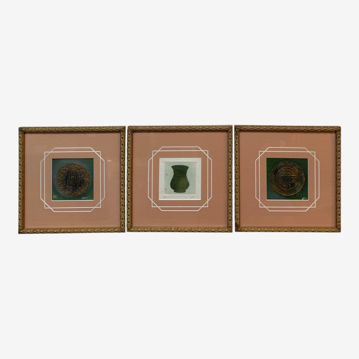 Etchings of Ancient Objects in Geometric Salmon Matte, Set of Three - Image 1