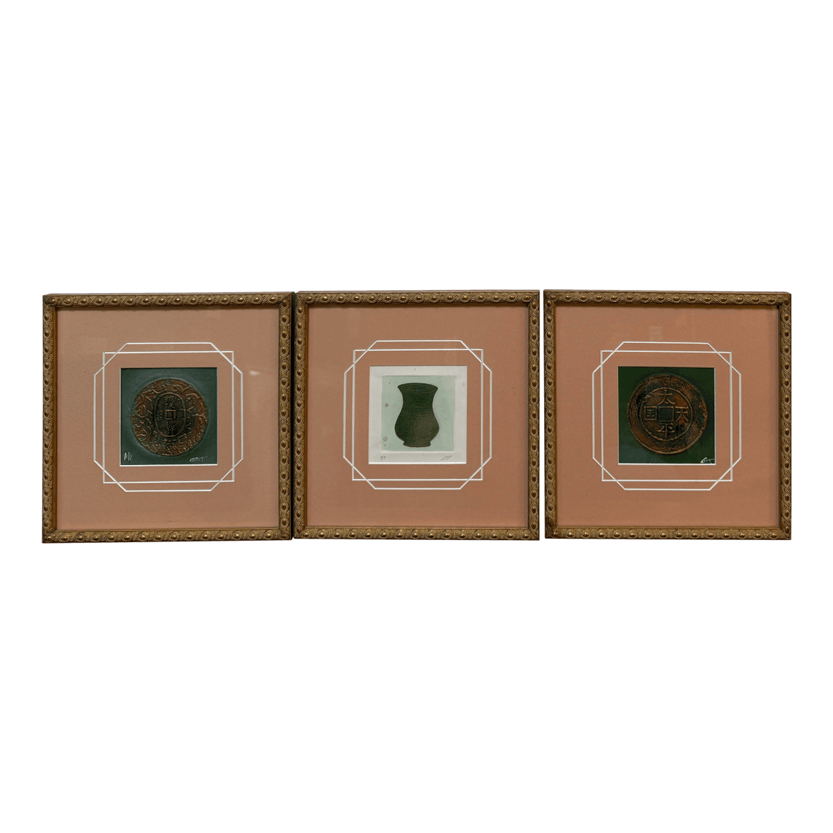 Etchings of Ancient Objects in Geometric Salmon Matte, Set of Three - Thumbnail 2