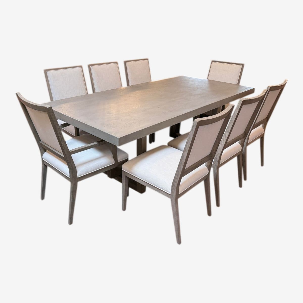 Restoration Hardware Heston Dining Table + Eight Linen Dining Chairs, Set - Image 1