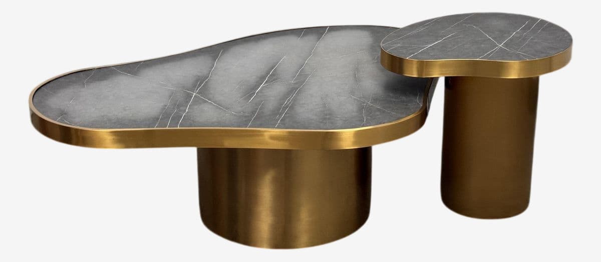 Michael Oren Design Marquina Marble Kidney Coffee Table + Side Table, Set of Two - Image 1