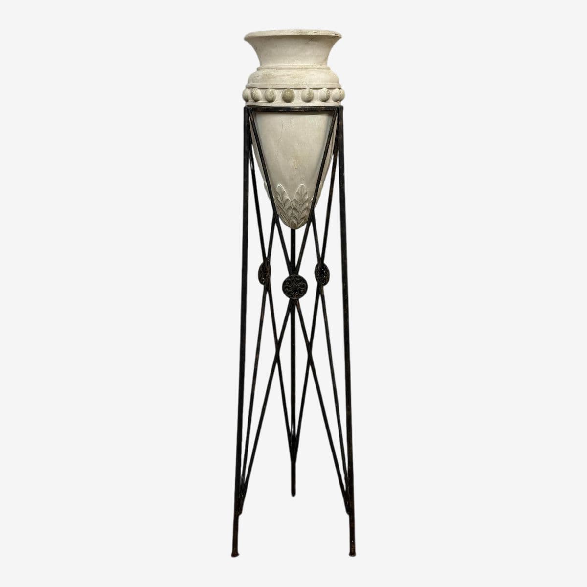 Regency Style Iron Plant Stand + Ceramic Urn, Set of Two - Image 1