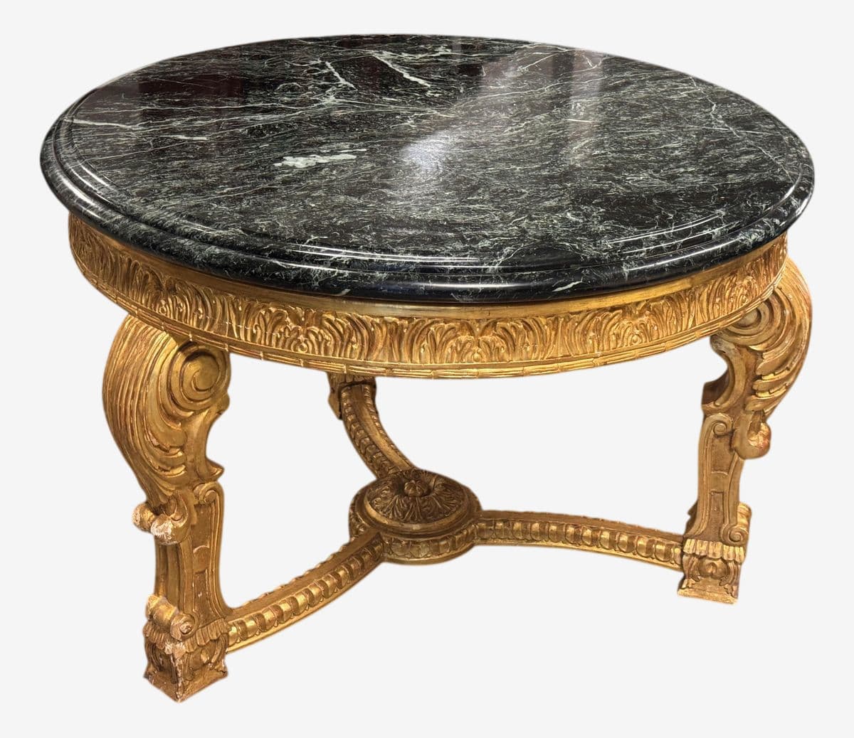 French Louis XV Style 23 K Gold Carved Wood Center Table + Marble Top - Image 1