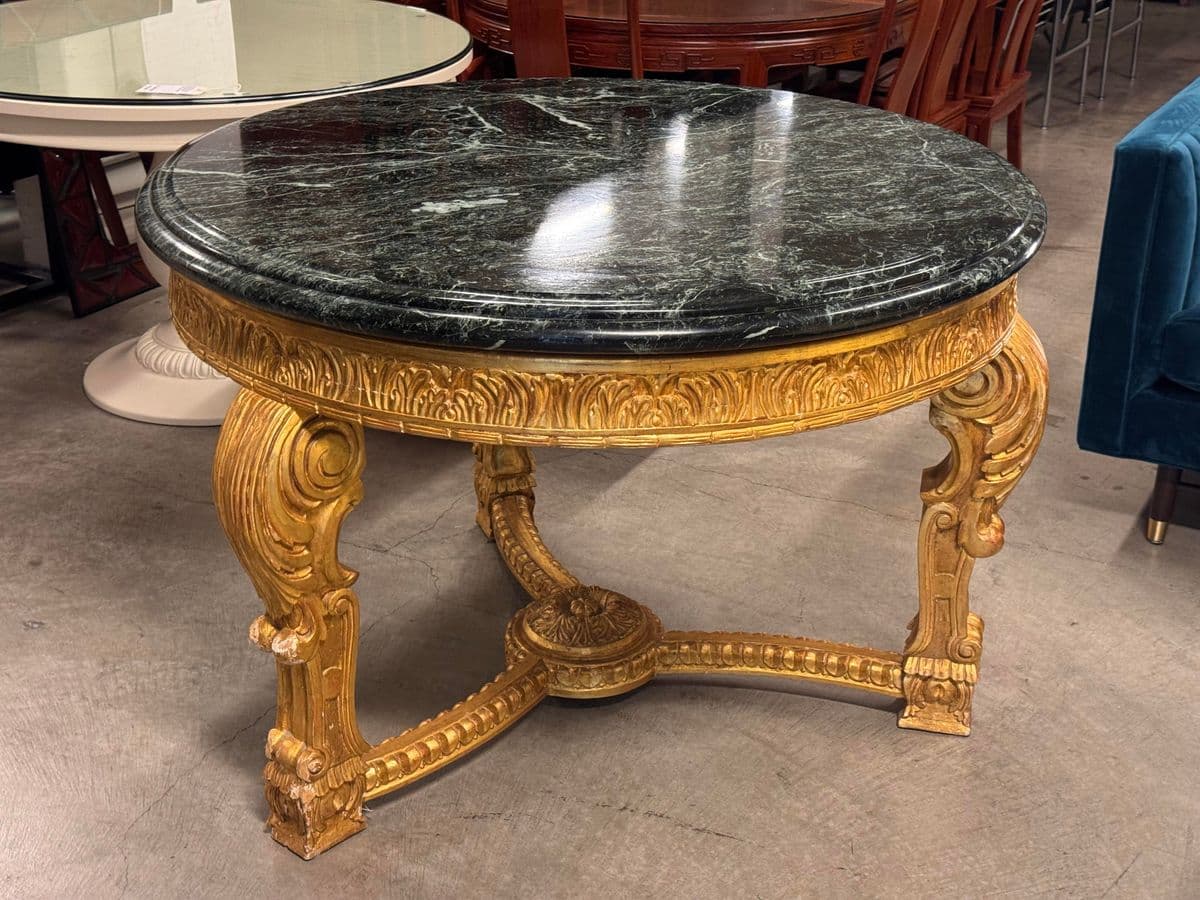 French Louis XV Style 23 K Gold Carved Wood Center Table + Marble Top - Thumbnail 7