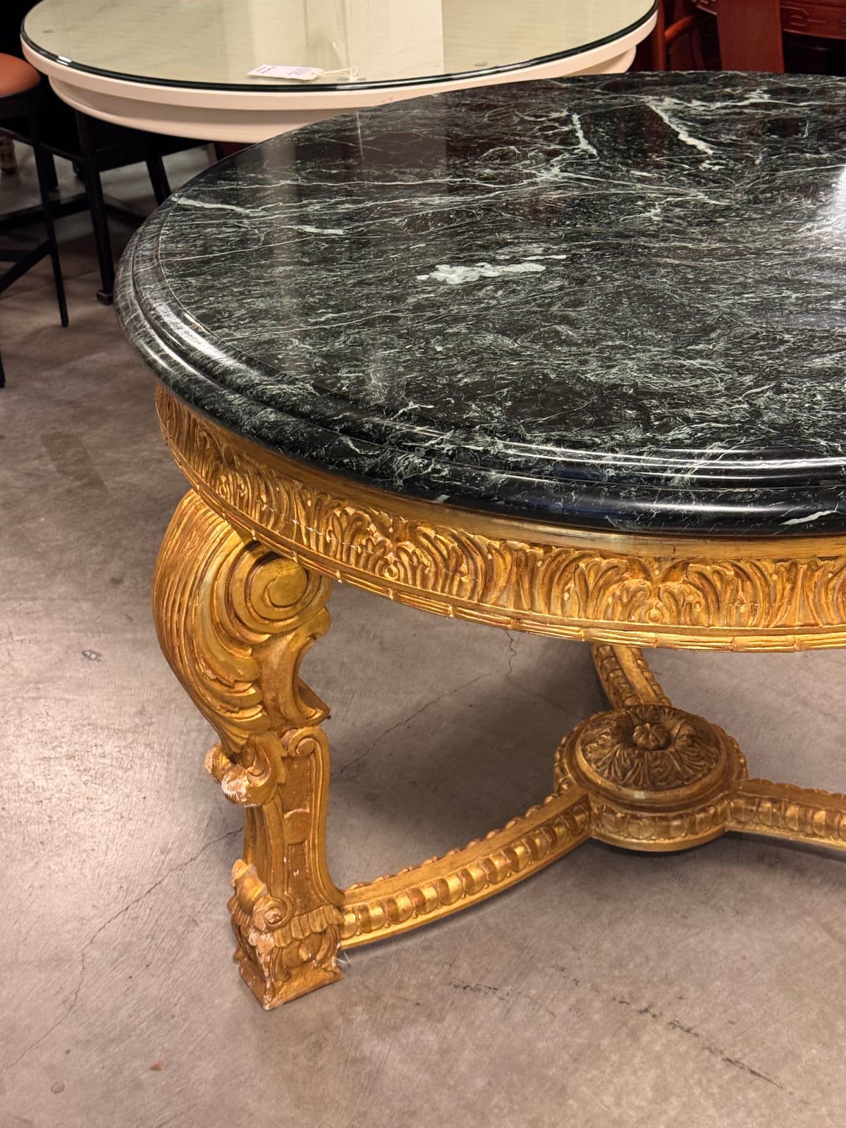 French Louis XV Style 23 K Gold Carved Wood Center Table + Marble Top - Thumbnail 13