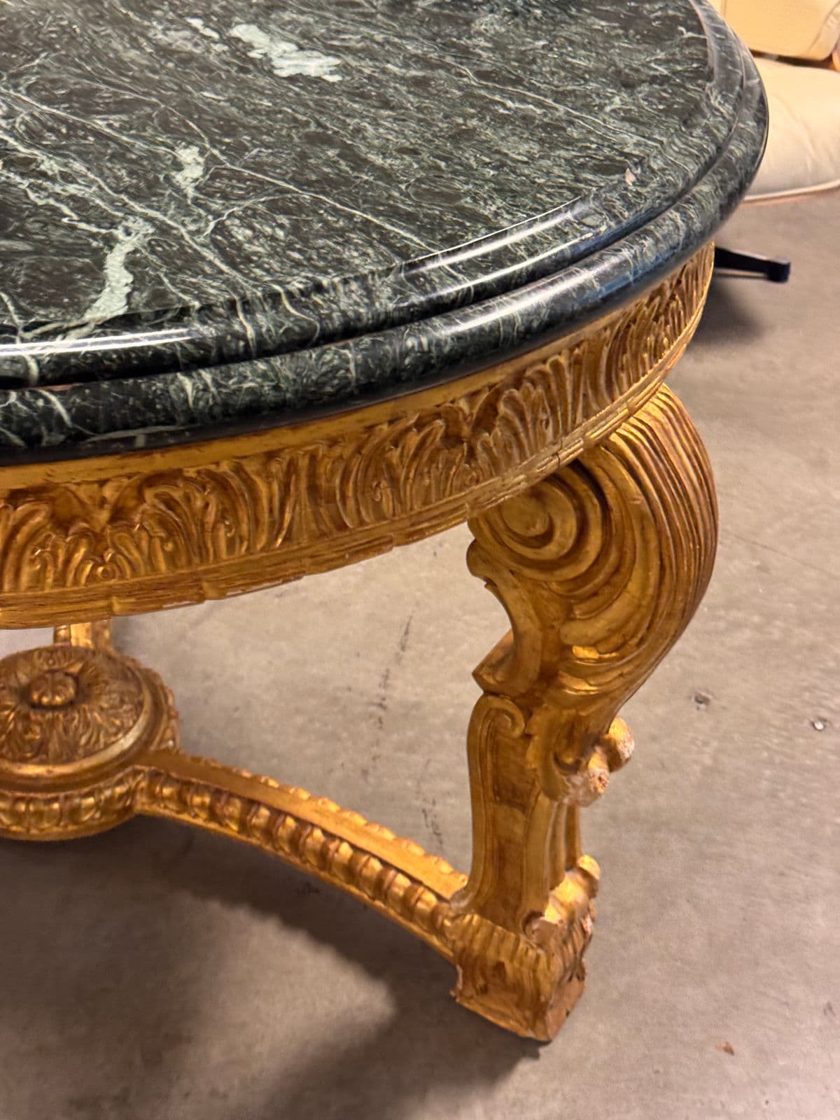 French Louis XV Style 23 K Gold Carved Wood Center Table + Marble Top - Thumbnail 4