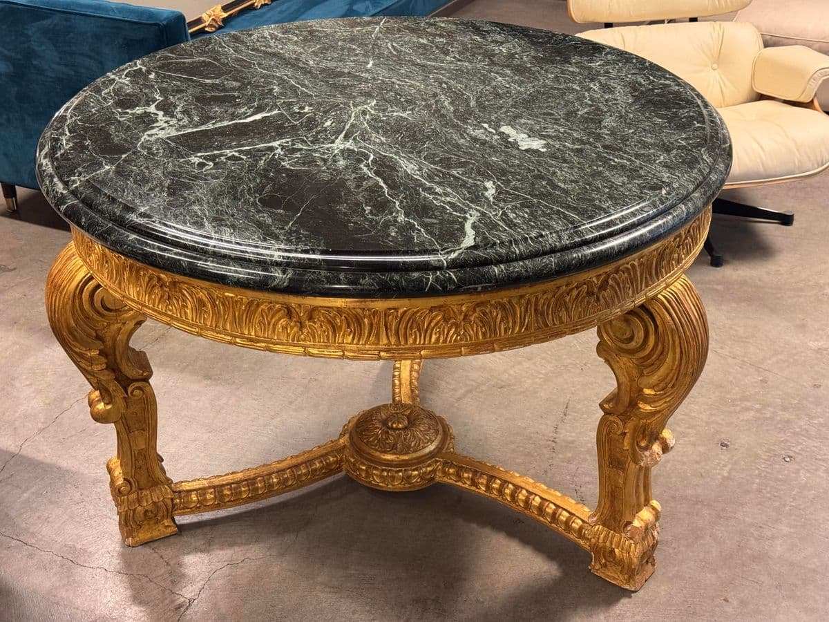 French Louis XV Style 23 K Gold Carved Wood Center Table + Marble Top - Thumbnail 10