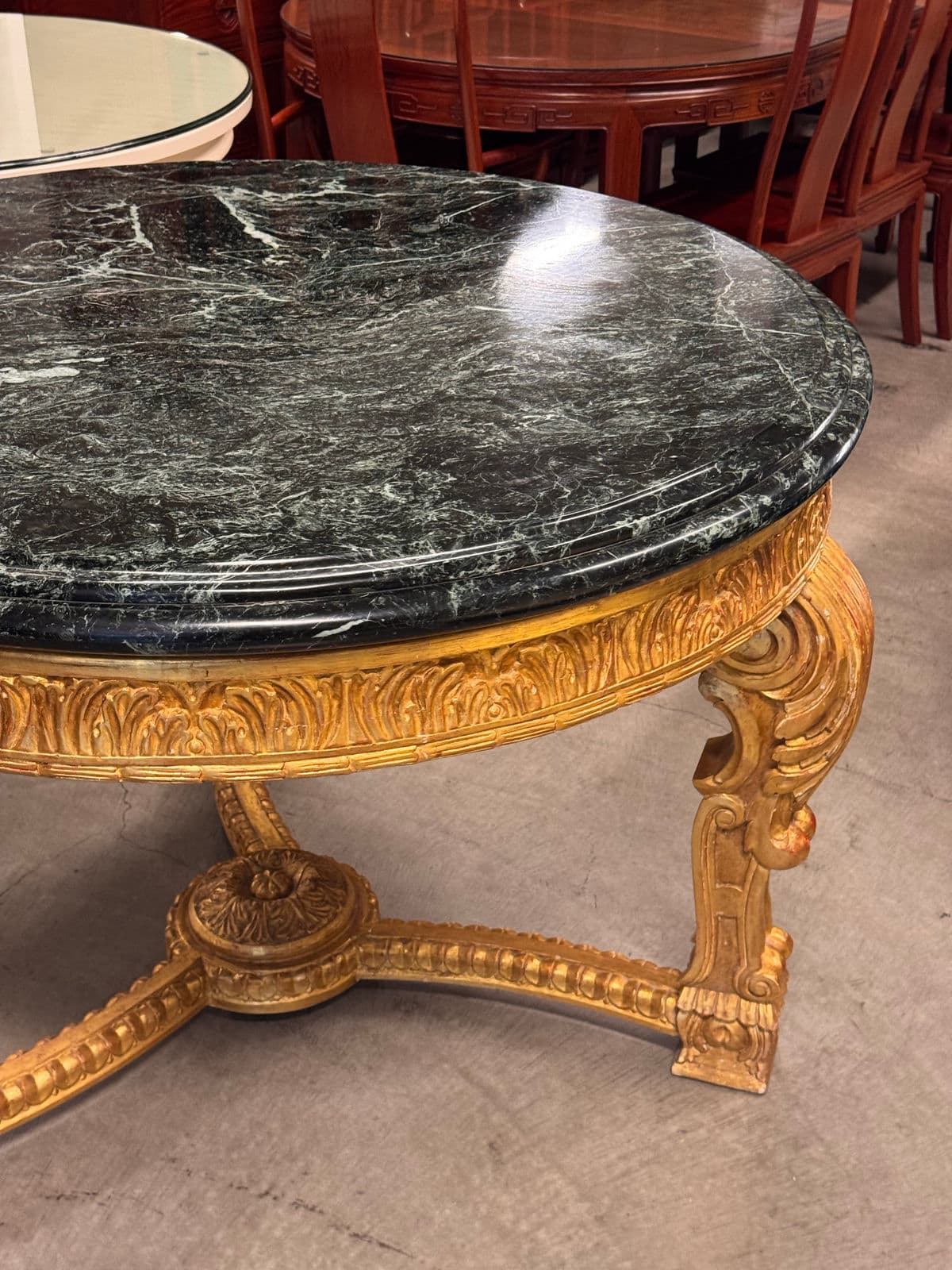 French Louis XV Style 23 K Gold Carved Wood Center Table + Marble Top - Thumbnail 5