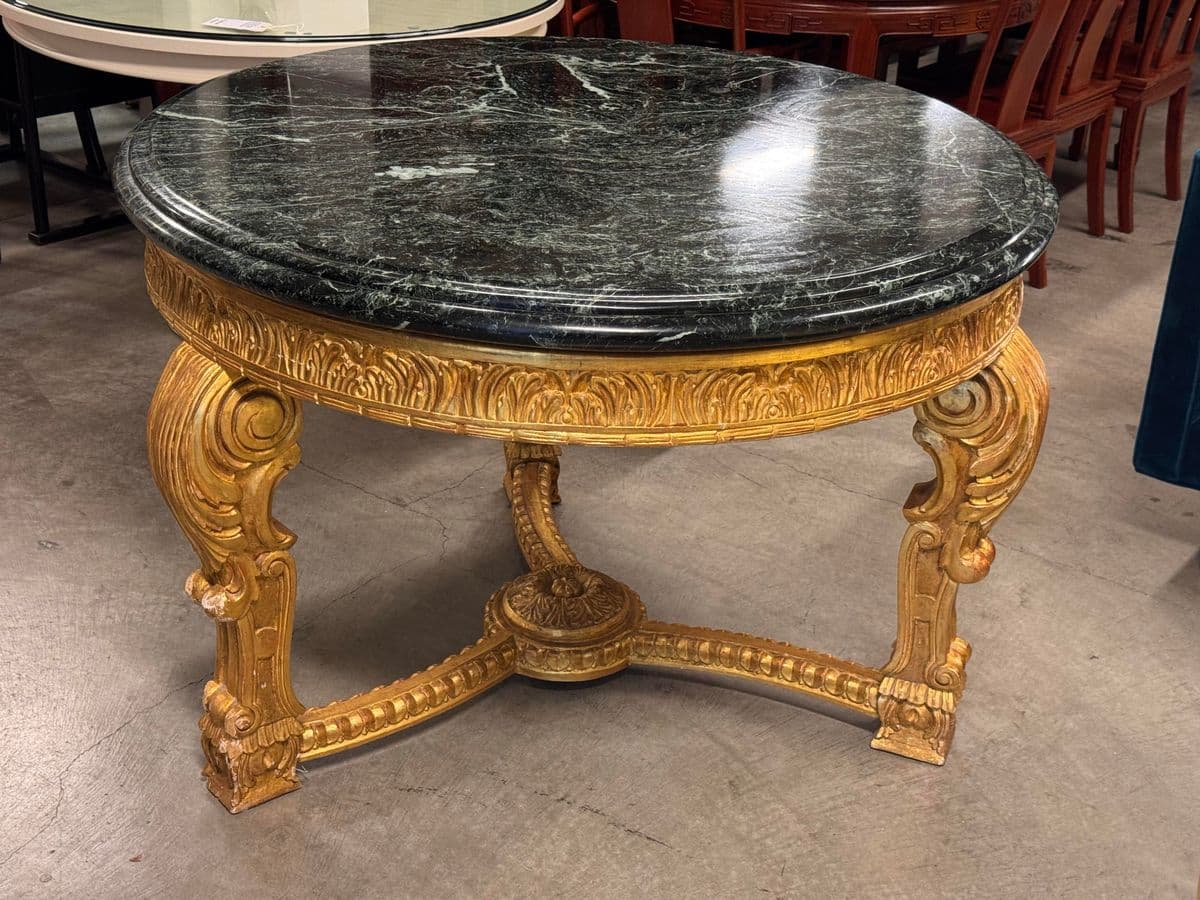 French Louis XV Style 23 K Gold Carved Wood Center Table + Marble Top - Thumbnail 3