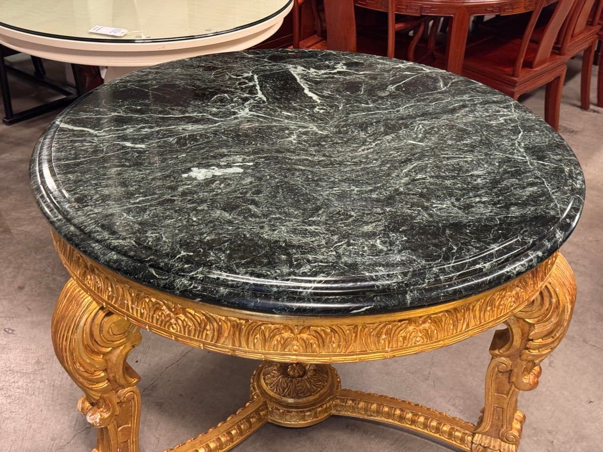 French Louis XV Style 23 K Gold Carved Wood Center Table + Marble Top - Thumbnail 12