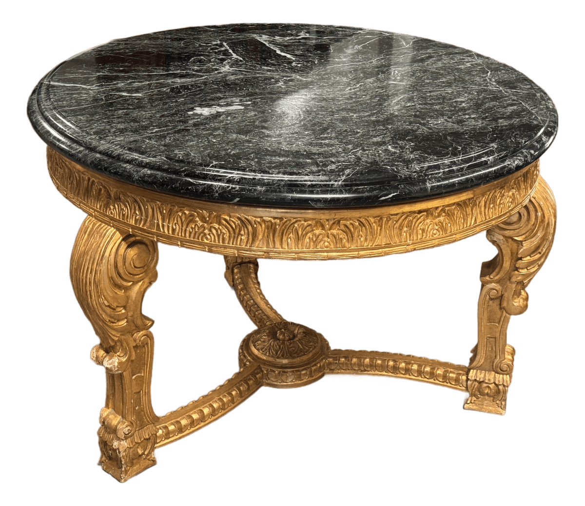 French Louis XV Style 23 K Gold Carved Wood Center Table + Marble Top - Thumbnail 2