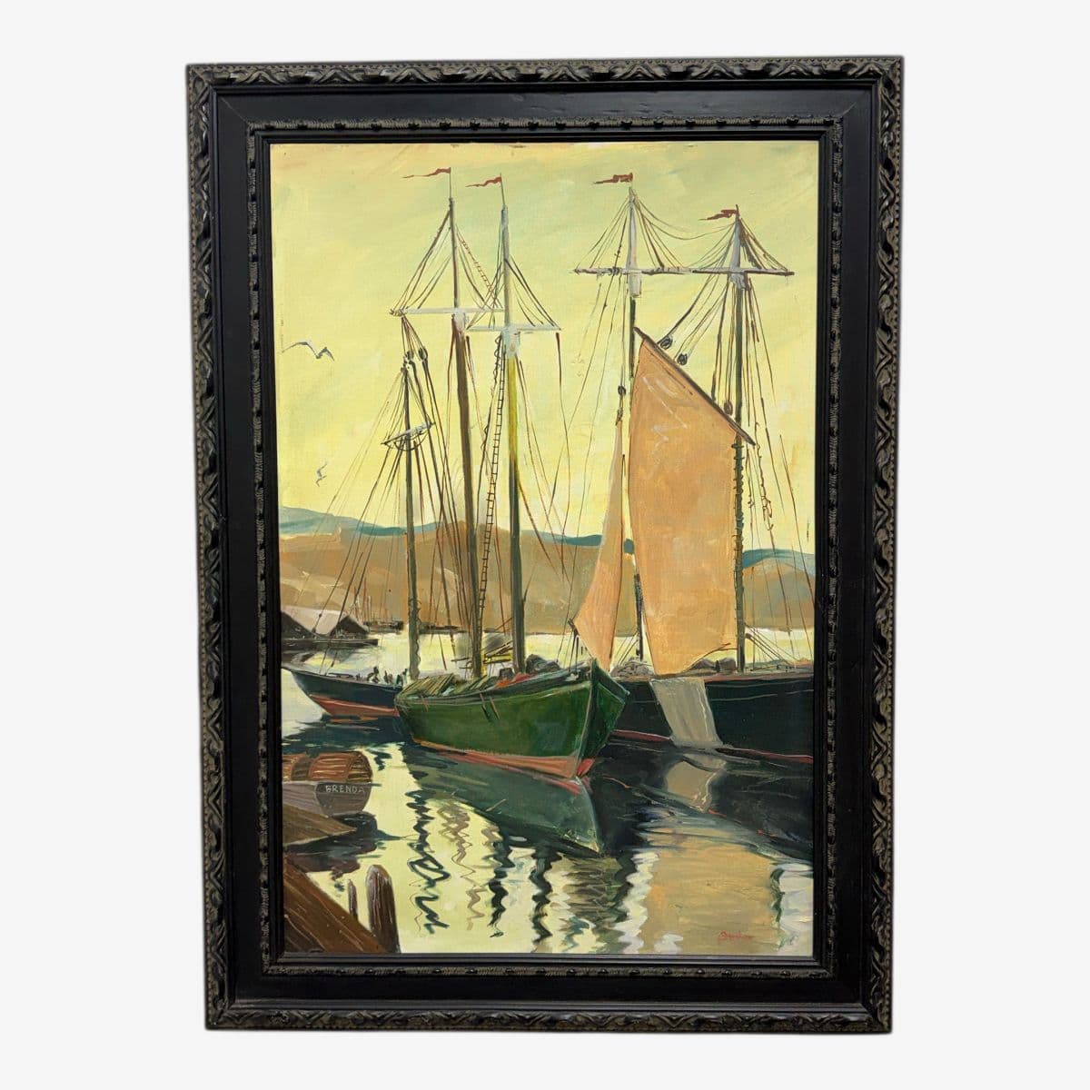 Taylor Oil Painting of Harbor Boats, Signed - Image 1