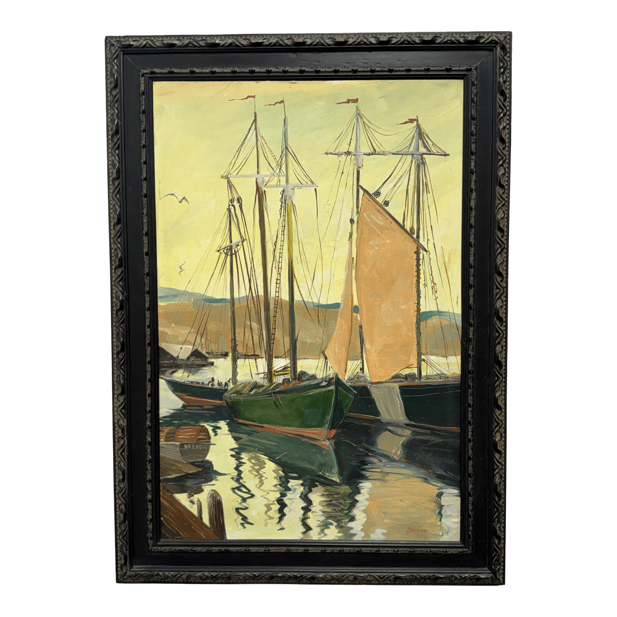 Taylor Oil Painting of Harbor Boats, Signed - Thumbnail 2