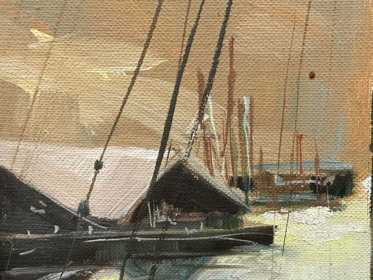Taylor Oil Painting of Harbor Boats, Signed - Thumbnail 7