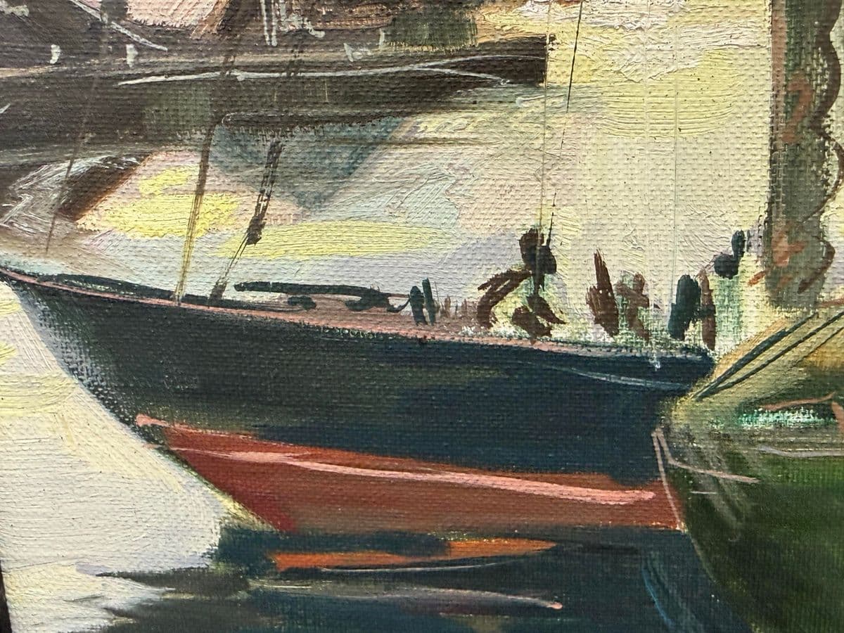 Taylor Oil Painting of Harbor Boats, Signed - Thumbnail 6