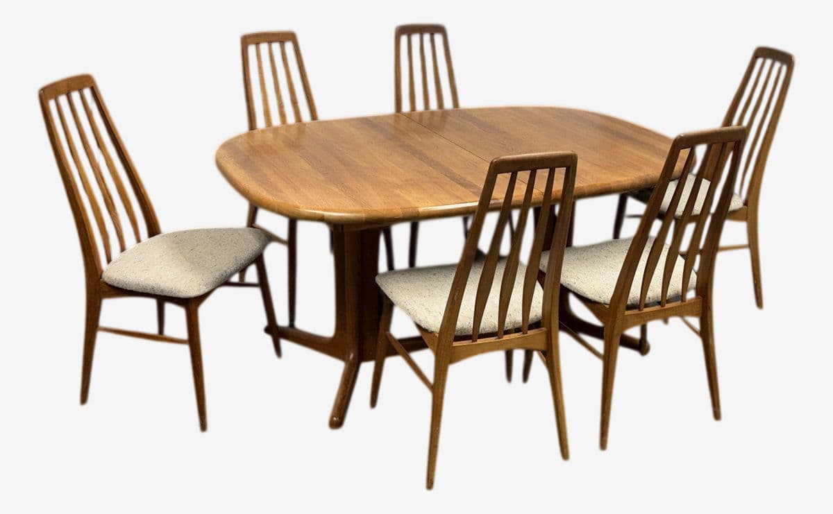 Glostrup Extension Dining Table + Six Eva Side Chairs by Niels Koefoed for Koefoeds Hornslet, Circa 1960's - Image 1