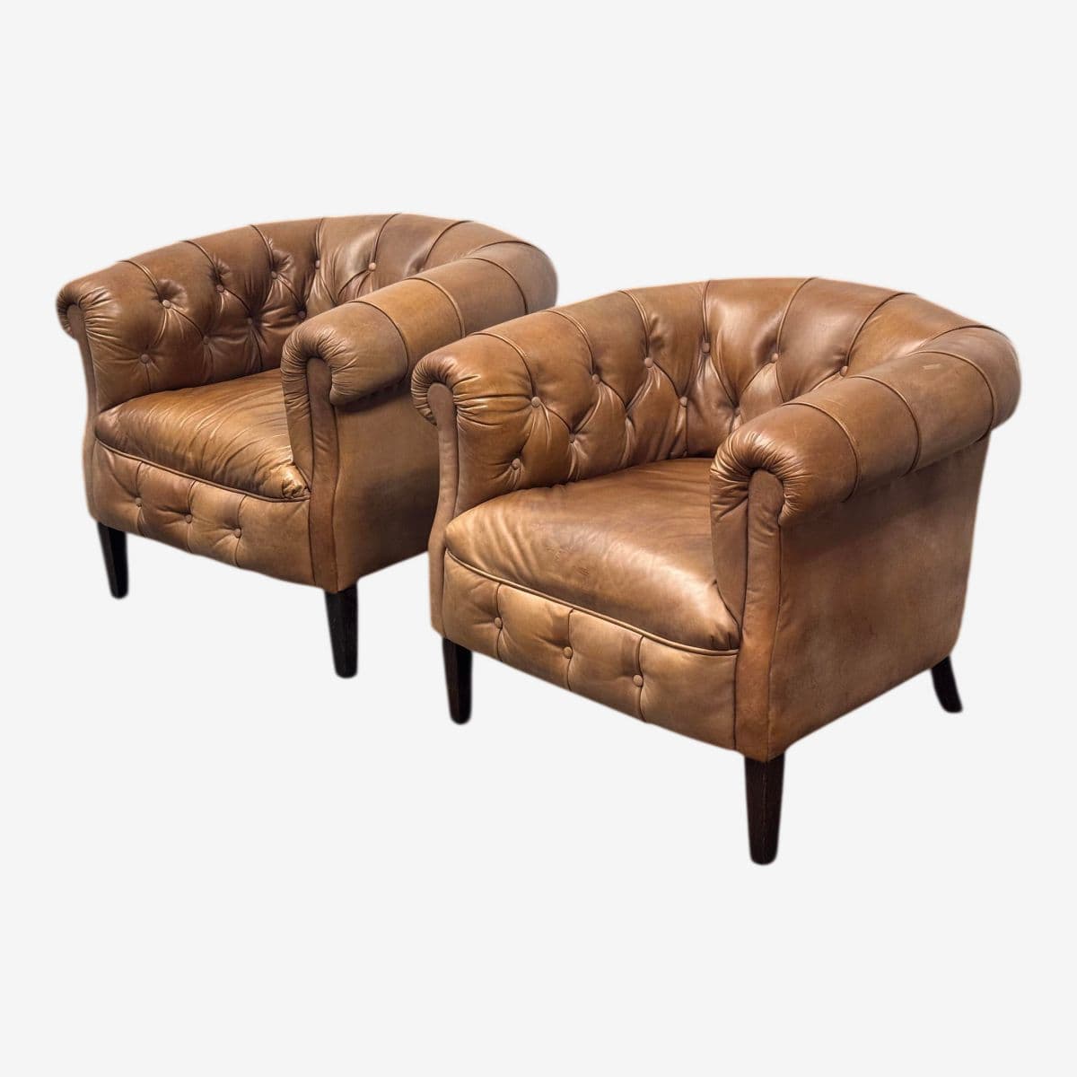 Restoration Hardware 1930's English Tufted Leather Tub Chairs, Pair - Image 1