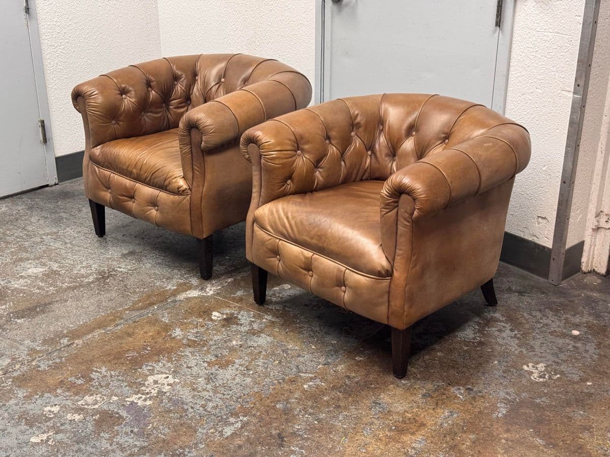 Restoration Hardware 1930's English Tufted Leather Tub Chairs, Pair - Thumbnail 7