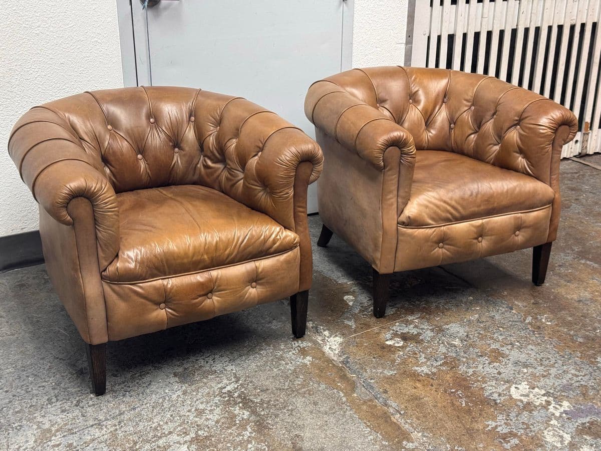 Restoration Hardware 1930's English Tufted Leather Tub Chairs, Pair - Thumbnail 9