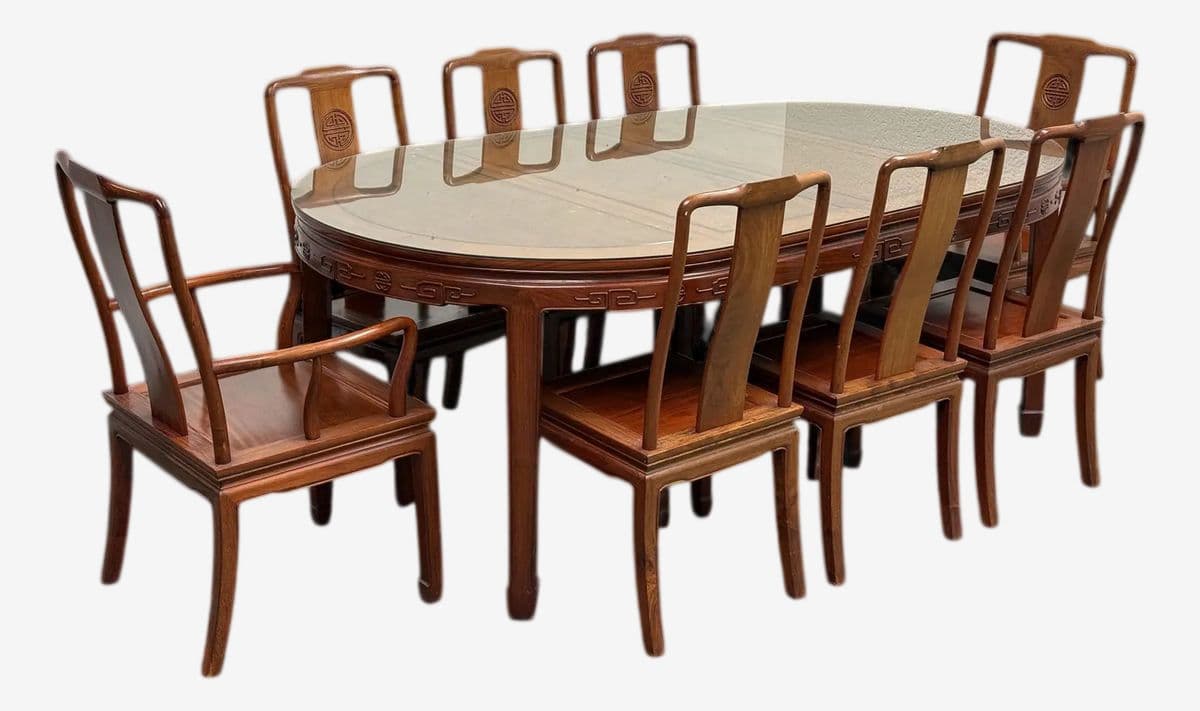 Chinese Rosewood Extension Rosewood Table + Dining Chairs Set, Circa 1970's - Image 1