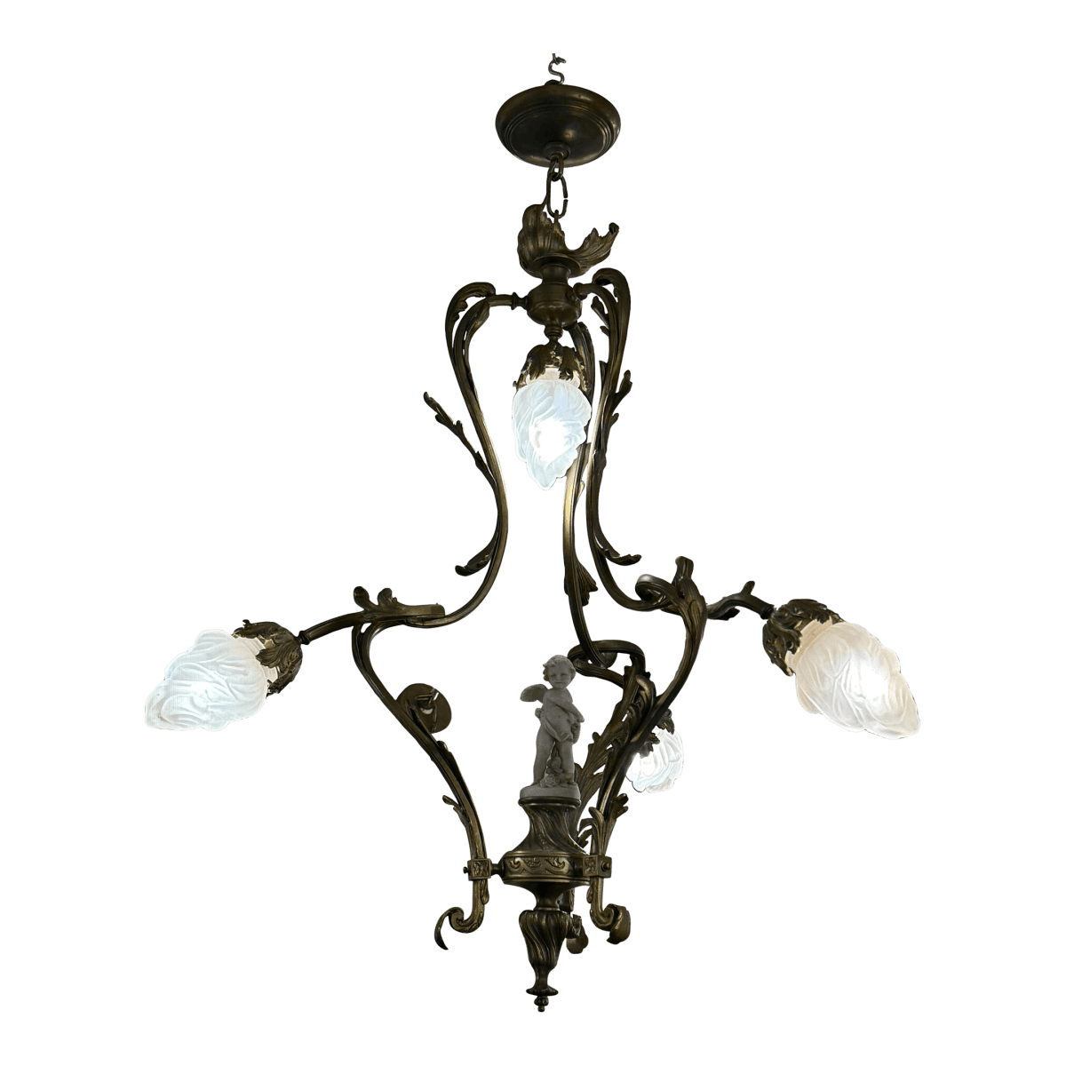 Art Nouveau Four Light Cherub Chandelier, Early 20th Century - Thumbnail 2