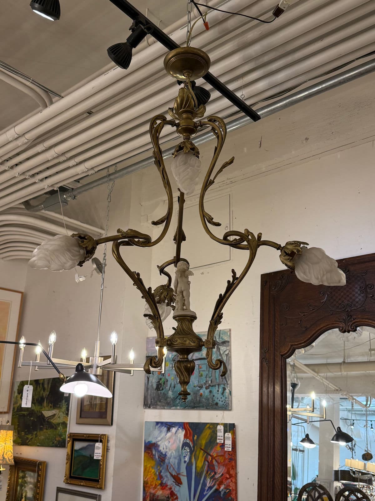 Art Nouveau Four Light Cherub Chandelier, Early 20th Century - Thumbnail 5