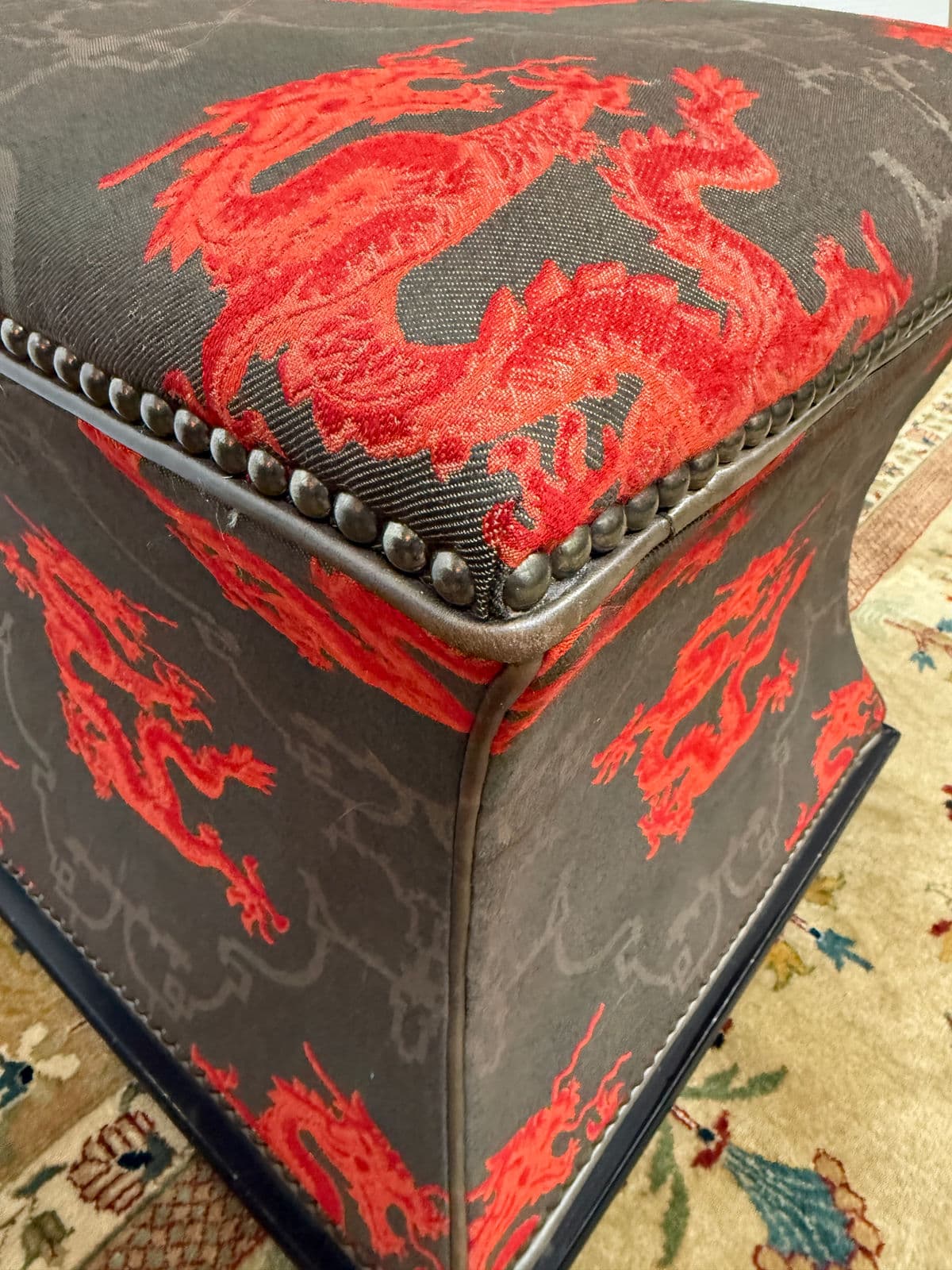 Luxury Chinoiserie Dragon Print Ottoman - Thumbnail 9