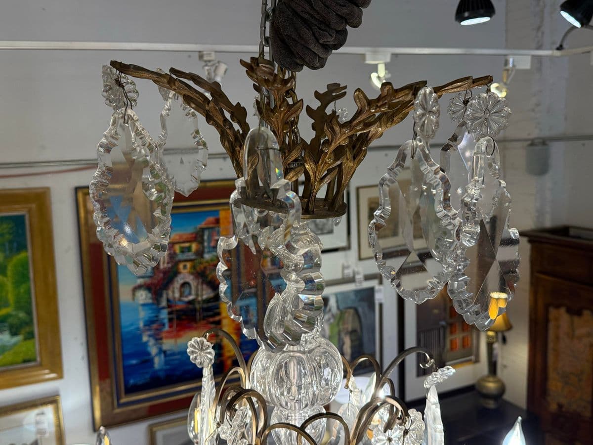 10-Light Crystal Chandelier + Antique Gold-Finish Metal Frame, Vintage - Thumbnail 12