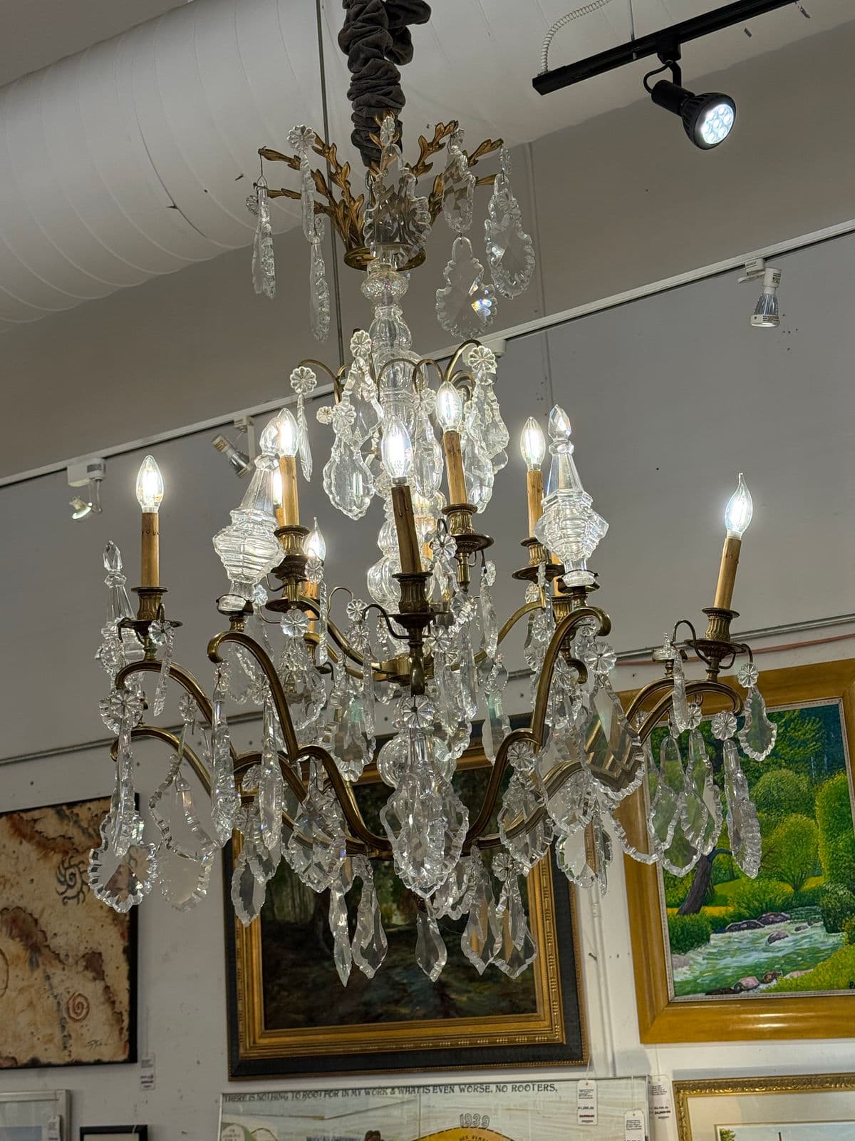 10-Light Crystal Chandelier + Antique Gold-Finish Metal Frame, Vintage - Thumbnail 3